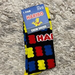 HARIBO Black Socks with Red, Blue, and Yellow Gummy Bear Pattern NWT sizes 6-13